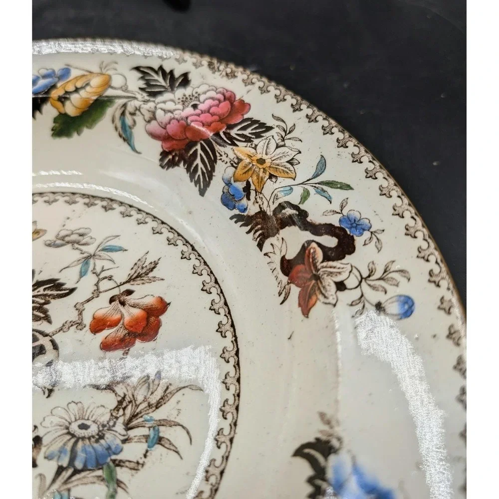 Antique‎ Wedgwood Bullfinch Ironstone Polychrome Floral Transferware Soup Bowl